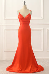 Party Dresses Cheap, Orange Spaghetti Straps Satin Long Prom Dress