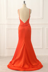 Party Dress Idea, Orange Spaghetti Straps Satin Long Prom Dress