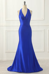 Party Dress Formal, Royal Blue Halter Satin Prom Dress with Bow
