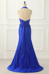 Party Dress Shops Near Me, Royal Blue Halter Satin Prom Dress with Bow