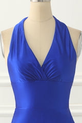 Party Dress Shop Near Me, Royal Blue Halter Satin Prom Dress with Bow