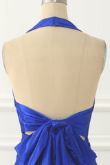 Party Dress Fancy, Royal Blue Halter Satin Prom Dress with Bow