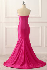 Party Dress Online, Fuchsia Satin Mermaid Prom Dress with Split Front
