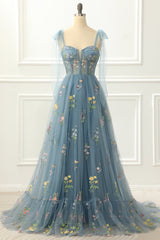 Homecoming Dresses Fashion Outfits, A-Line Grey Blue Princess Prom Dress With Embroidery