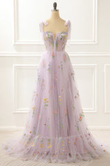 Party Dresses Short Tight, A-Line Lavender Princess Prom Dress With Embroidery
