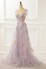 Party Dress Hijab, A-Line Lavender Princess Prom Dress With Embroidery