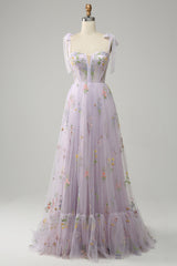 Homecoming Dresses, Lilac Embroidery Corset Long Prom Dress