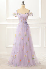 Party Dress Prom, A Line Tulle Off Shoulder Lavender Prom Dress with Embroidered