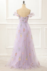 Party Dresses Prom, A Line Tulle Off Shoulder Lavender Prom Dress with Embroidered