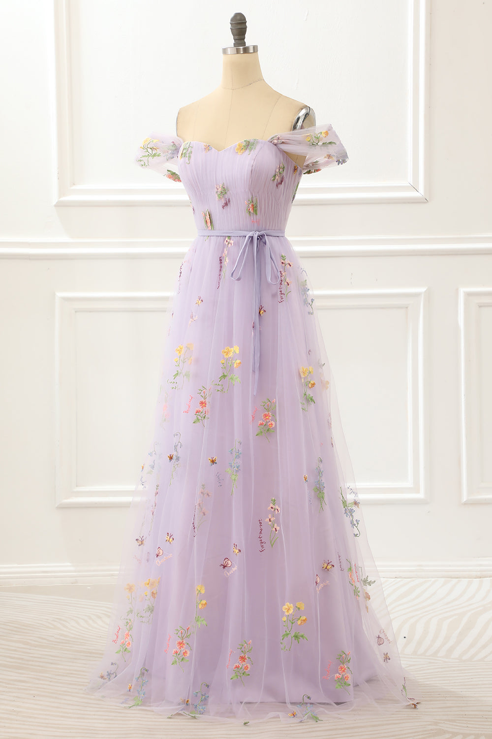 Party Dresse Idea, A Line Tulle Off Shoulder Lavender Prom Dress with Embroidered