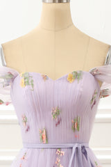 Party Dresses Idea, A Line Tulle Off Shoulder Lavender Prom Dress with Embroidered