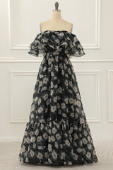 Party Dresses For 28 Year Olds, Black Print Off Shoulder A Line Prom Dress with Ruffles