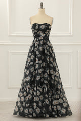 Party Dresses Classy Elegant, Black Print Off Shoulder A Line Prom Dress with Ruffles