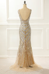 Party Dress Ideas For Curvy Figure, Golden Mermaid Sequin Prom Dress with Silt