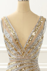 Party Dress For Couple, Golden Mermaid Sequin Prom Dress with Silt