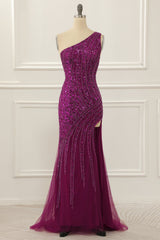 Party Dresses Online Shop, One Shoulder Purple Beaded Prom Dress with Slit