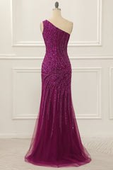 Party Dress Online Shopping, One Shoulder Purple Beaded Prom Dress with Slit