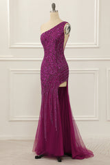 Party Dress Party Dress, One Shoulder Purple Beaded Prom Dress with Slit