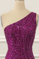 Party Dresses Weddings, One Shoulder Purple Beaded Prom Dress with Slit