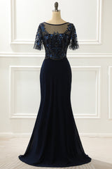 Formal Dresses For Middle School, Navy Sequin Mermaid Prom Dress With Beading