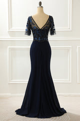 Formal Dress Off The Shoulder, Navy Sequin Mermaid Prom Dress With Beading