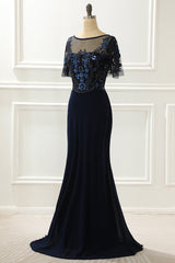 Formal Dresses For 23 Year Olds, Navy Sequin Mermaid Prom Dress With Beading