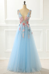 Prom Dress Ideas, A-Line Blue Princess Prom Dress With Appliques