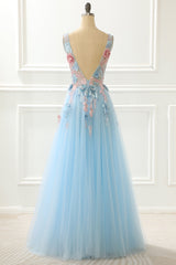 Prom Dress Blue, A-Line Blue Princess Prom Dress With Appliques