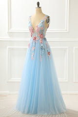 Night Dress, A-Line Blue Princess Prom Dress With Appliques