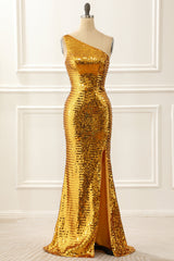 Formal Dresses With Sleeves, One Shoulder Gold Sparkly Prom Dress with Slit