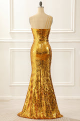 Formal Dress Summer, One Shoulder Gold Sparkly Prom Dress with Slit