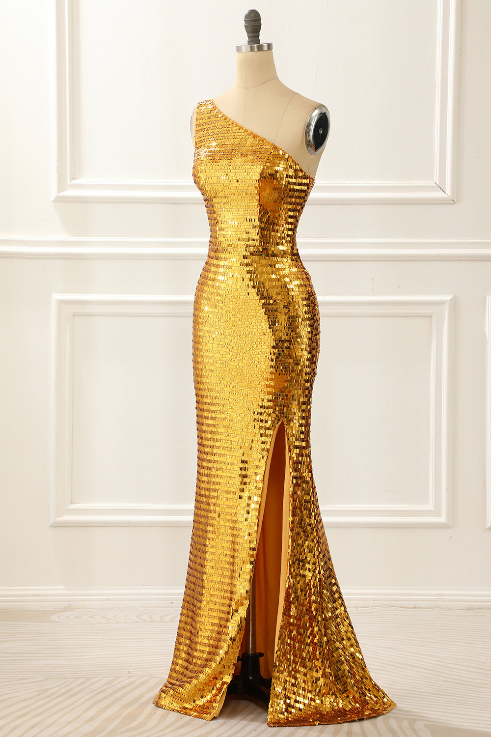 Formal Dresses Summer, One Shoulder Gold Sparkly Prom Dress with Slit