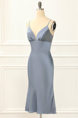 Semi Dress, Grey Blue Satin Spaghetti Straps Short Bridesmaid Dress