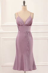 Evening Dresses Gowns, Grey Pink Satin Spaghetti Straps Short Bridesmaid Dress