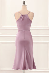 Evening Dresses Simple, Grey Pink Satin Spaghetti Straps Short Bridesmaid Dress