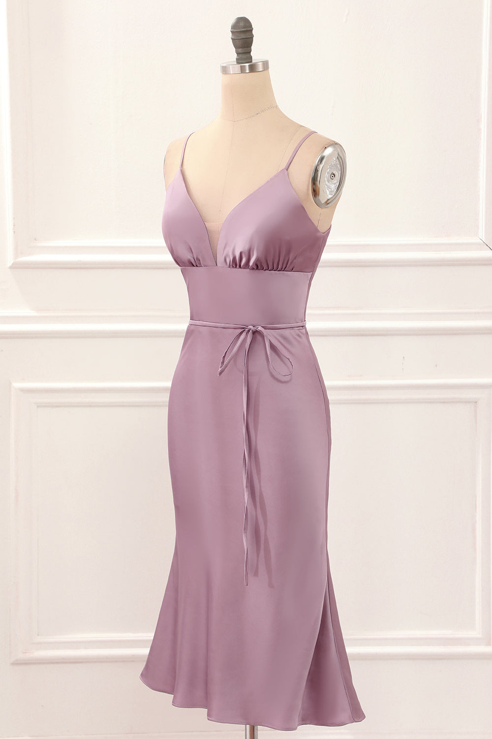Evening Dress Simple, Grey Pink Satin Spaghetti Straps Short Bridesmaid Dress