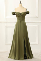 Party Dresses Cocktail, Green Off Shoulder Satin Simple Prom Dress