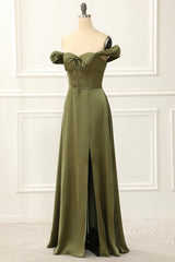 Party Dress For Summer, Green Off Shoulder Satin Simple Prom Dress