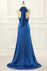 Party Dresses Pink, Royal Blue Halter Simple Prom Dress with Slit