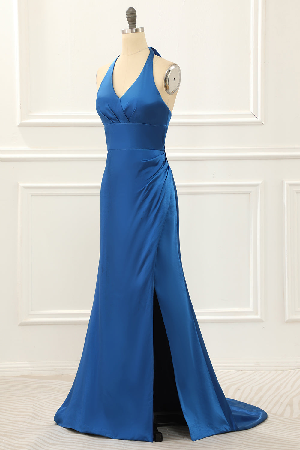 Party Dress Satin, Royal Blue Halter Simple Prom Dress with Slit