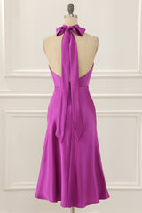 Long Formal Dress, Fuchsia Satin Halter Short Simple Prom Dress