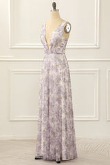Party Dresses For Christmas, Purple Print A Line Simple Prom Dress