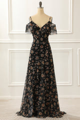 Formal Dresses Long Elegant, Off The Shoulder Black A Line Prom Dress with Floral