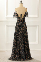 Formal Dress Long Elegant, Off The Shoulder Black A Line Prom Dress with Floral