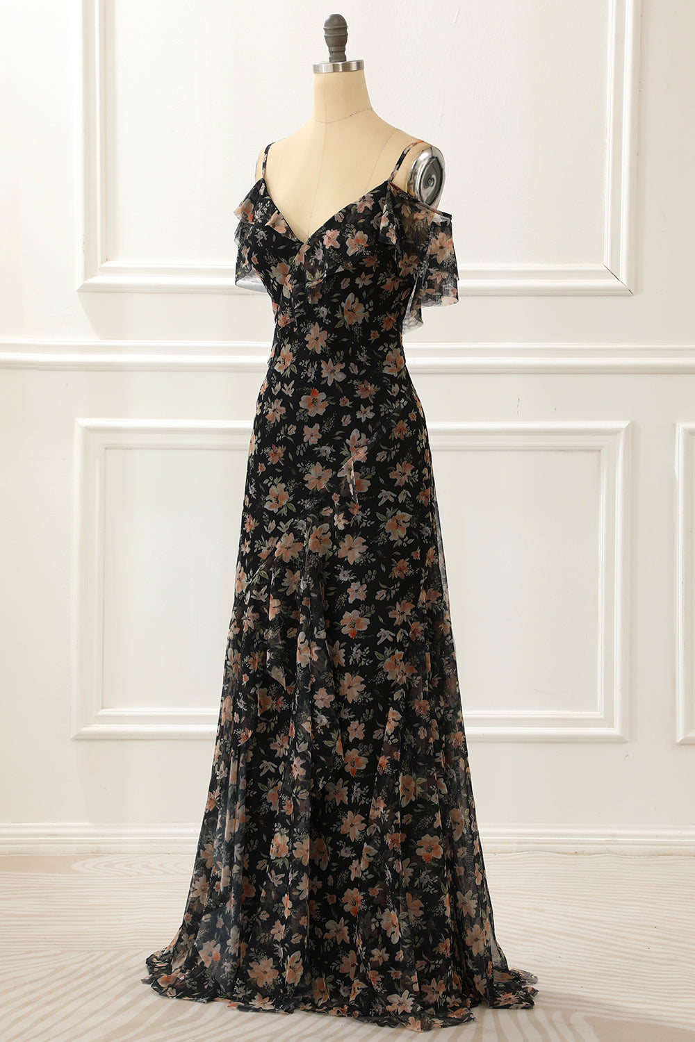 Formal Dress Vintage, Off The Shoulder Black A Line Prom Dress with Floral