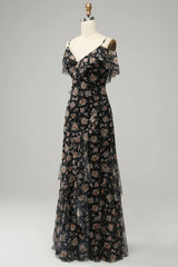 Prom Dress 3 16 Sleeves, Black Chiffon Off Shoulder Prom Dress with Floral
