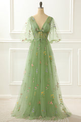 Silk Prom Dress, A-Line Green Princess Prom Dress with Embroidery