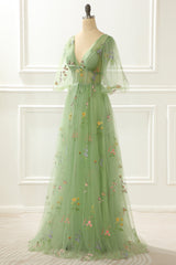 Night Club Outfit, A-Line Green Princess Prom Dress with Embroidery