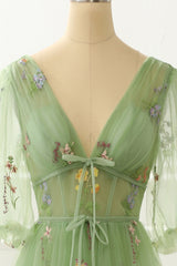 Prom Aesthetic, A-Line Green Princess Prom Dress with Embroidery