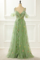 Cocktail Party Outfit, A-Line Embroidery Green Prom Dress with Slit